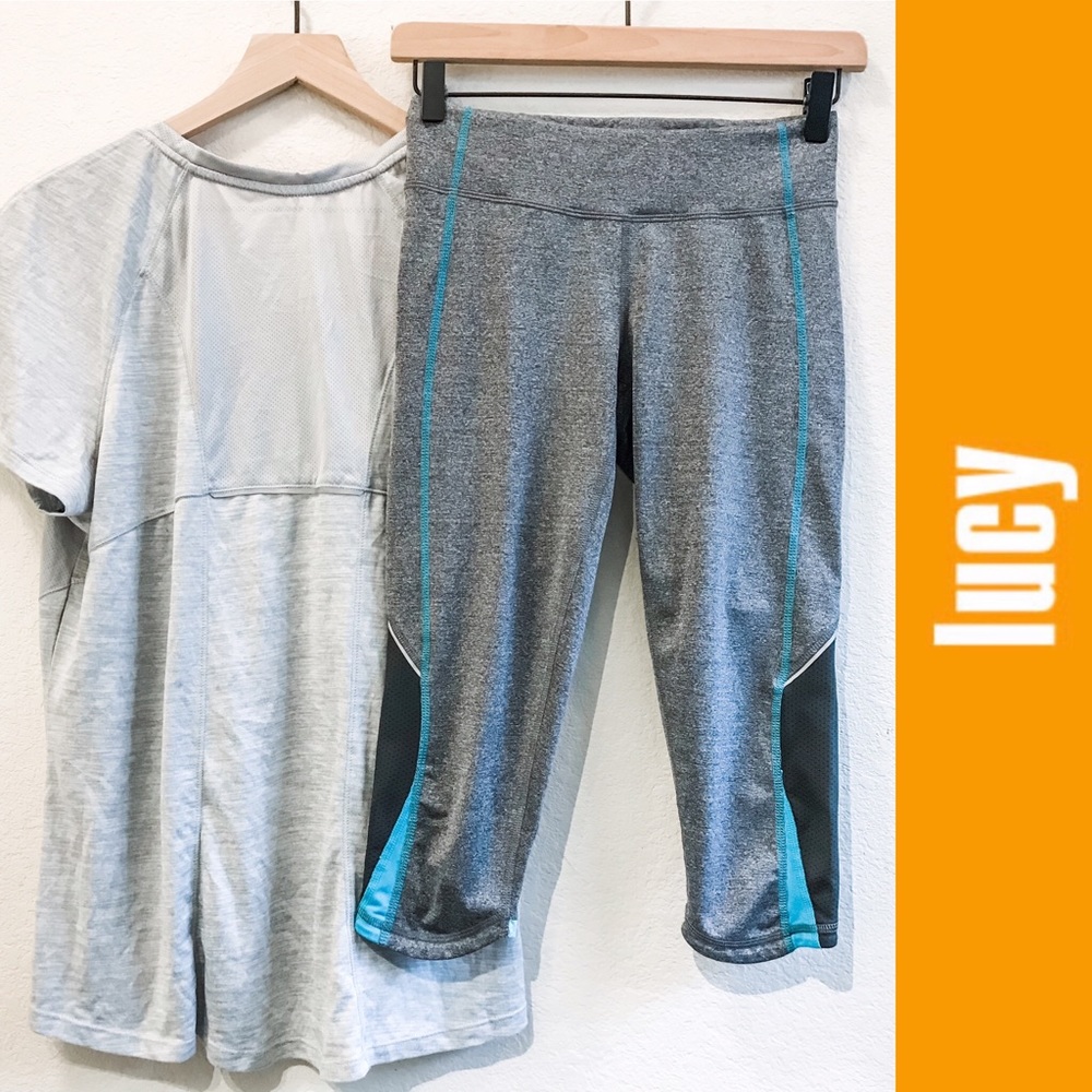 Lucy Activewear Cross Training Run Capri Legging. Gray, Black, Aqua Blue Size XS